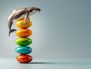 Wall Mural - A whimsical scene featuring a whale balancing on colorful Easter eggs, creating a playful and surreal atmosphere. Heaviest Balance ,resistance to gravity