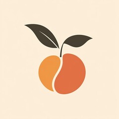 Wall Mural - A minimalist logo featuring a stylized apricot split into two shades of orange with dark green leaves in a clean and modern design on a beige background