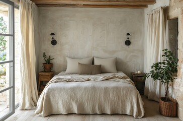 Wall Mural - Bedroom in light gray and white tones fabric-covered bed wooden flooring indoor plant