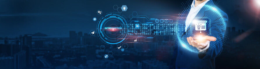 Introduction: Businessman holding icon and data exchanges symbolizing secure connection on city background, business growth, digital transformation, technology integration, and strategic development.
