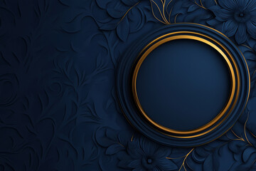 Poster - Elegant dark blue floral design featuring a circular golden frame for text