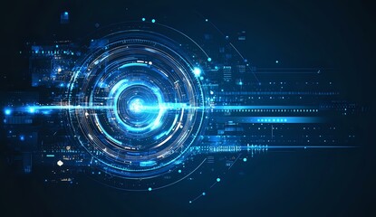 Poster - Futuristic blue circular technology interface with glowing elements and digital data streams on dark background for tech and innovation concepts.