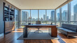 © Dirk - copy space, stockphoto, Modern executive, ceo office with desk and chair, large windows overlooking city view, wooden flooring, and clean minimalist design. Amazing office interior, mockup.