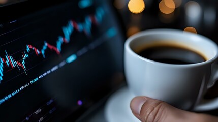 Poster - Coffee cup next to financial trading chart on computer screen with bokeh lights in background, business analysis and stock market concept.