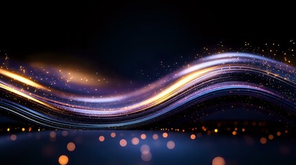 Poster - Glowing wavy lines with sparkles and bokeh effects on dark background create magical abstract composition in purple, gold and blue colors.