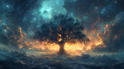 Wall Mural - A tree is the main focus of this image, which is a beautiful