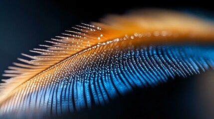 Poster - Macro shot of vibrant blue and orange feather showing delicate barbs and intricate texture details against dark background, creating artistic natural pattern.