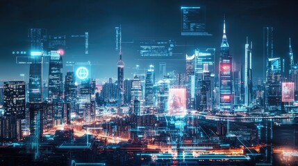 Futuristic Cityscape with Glowing Digital Interfaces