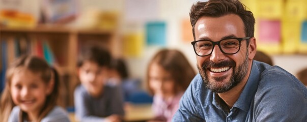Poster - Male teacher smiling in a classroom full of young students studying