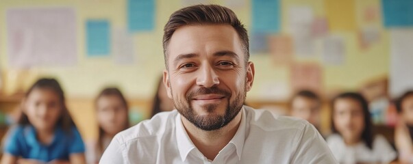 Poster - Portrait of a smiling teacher standing in a classroom full of students
