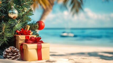 Wall Mural - Christmas tree with gift boxes on the sandy beach, christmas vacation concept