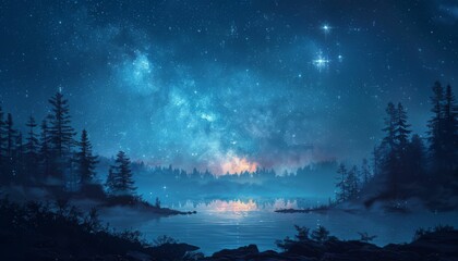 Wall Mural - A serene and peaceful scene of a lake surrounded by trees and a starry sky