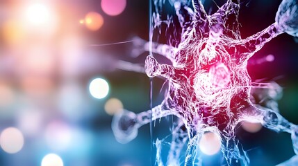 Aufkleber - Glowing neuron cell with synaptic connections on blurred background showing electrical activity in brain network, medical science visualization for neurology research.