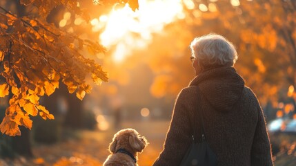 Poster - Senior woman enjoys a peaceful walk with her golden retriever dog in a park during the serene autumn sunset, surrounded by vibrant orange and yellow leaves.