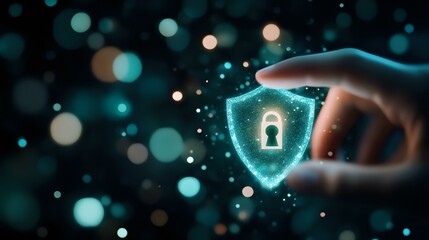 Poster - Glowing blue shield with keyhole and touching hand on dark background with bokeh lights represents cybersecurity and digital data protection concept.