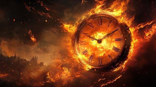 Vintage clock consumed by fire, representing the fleeting nature of time