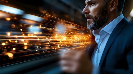 Poster - Side profile of mature businessman in suit with glowing light trails and sparks creating dynamic motion effect against dark background.