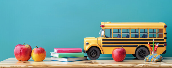 Poster - School supplies resting on a desk with ample space for text on a turquoise backdrop