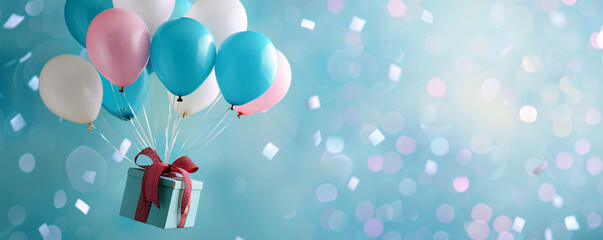 Poster - Turquoise gift box with a red ribbon floating with colorful balloons on a pastel blue background with confetti
