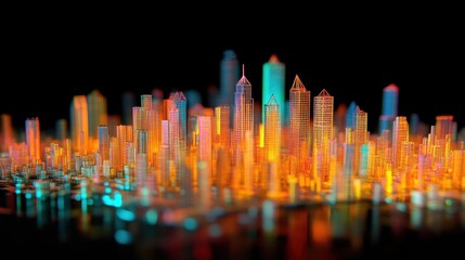 Poster - Colorful neon skyscrapers illuminating a futuristic cityscape at night, reflecting vibrantly on the dark water surface, creating a striking urban landscape filled with energy