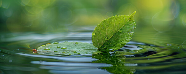 Aufkleber - Green leaf with water drops is peacefully floating on a water surface creating ripples
