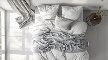 Poster - Sunlight streaming through window and illuminating minimalist bedroom with gray blanket