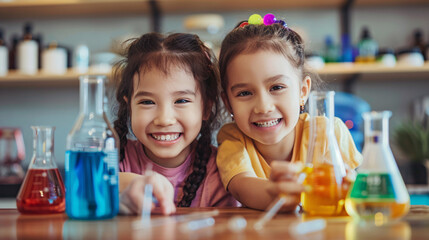 Aufkleber - Two young scientists happily conducting colorful chemical experiments in beakers