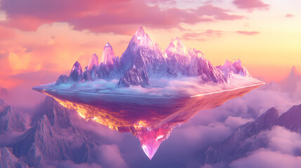 Wall Mural - Enchanting floating crystal island in ethereal sunset sky landscape. prismatic mountain peaks. illustration. Crystal Peaks. Illustration