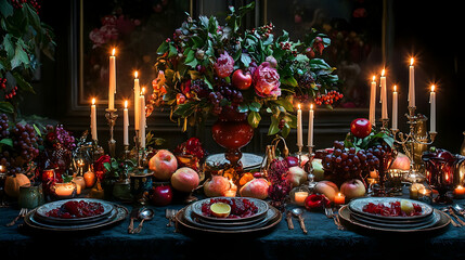 Wall Mural - Beautifully arranged festive table with candles and floral accents