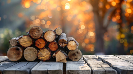 Poster - Firewood logs stacked on a wooden table with a stunning autumn backdrop