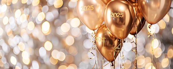 Poster - Golden balloons with 2025 sign float against a blurred lights backdrop for new year celebration