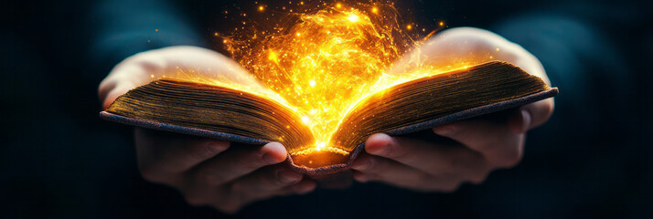 Aufkleber - A hand opening a book that bursts with illuminating beams, illustrating the transformative strength of knowledge and intellect,