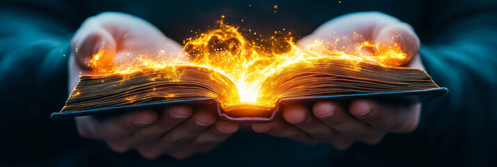 Poster - A hand opening a book that bursts with illuminating beams, illustrating the transformative strength of knowledge and intellect,