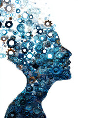 Poster - A head silhouette filled with interlocking gears, each one shining with light, emphasizing the harmony and force of cognition,