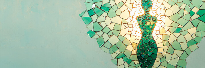 Poster - A vibrant, backlit composition showing the graceful contours of a womanâ€™s torso formed entirely from broken green glass pieces,