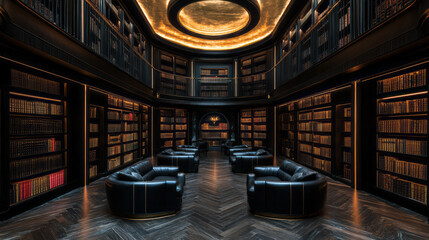 Leinwandbilder - An intimate library lined with rare leather-bound books, illuminated by a dramatic chandelier that bathes the space in a golden glow,