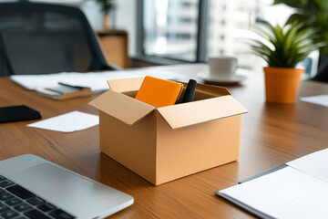 Aufkleber - A calm office scene where an employee methodically packs personal belongings into a small cardboard box on their final day,