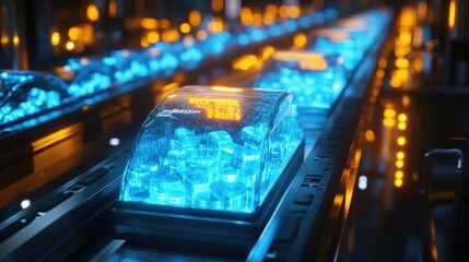 Poster - futuristic server room environment showing data processing with glowing blue and orange lights, crea