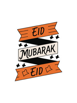 Eid Mubarak greeting, event, Muslim sticker. Typography set Vector Design: Eid Mubarak sticker, Banner, wallpaper, elements background—isolated illustration poster 14 February.