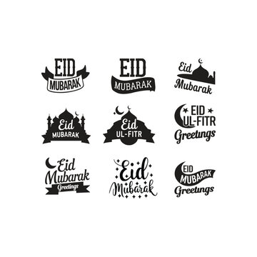 Eid Mubarak greeting, event, Muslim sticker. Typography set Vector Design: Eid Mubarak sticker, Banner, wallpaper, elements background—isolated illustration poster 14 February.