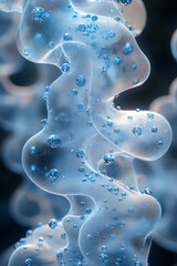 Poster - A 3D visualization of multilayered fabric with water droplets passing through semi-transparent mesh layers and collecting as blue spheres,