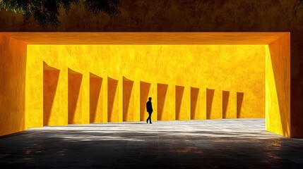 Poster - Yellow wall, person walking, sunlit plaza, architecture, design