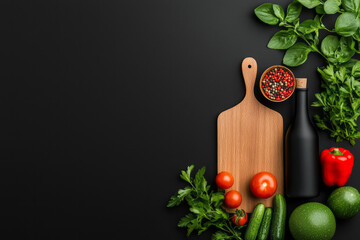 Poster - A modern kitchen interior with neatly arranged ingredients for cooking, featuring fresh vegetables, cutting boards, and colorful spices,