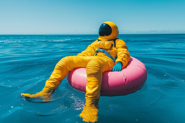 Wall Mural - A futuristic astronaut relaxing in an inflatable ring on the blue ocean. A unique mix of science fiction and summer vacation aesthetics.