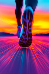 Poster - A dynamic sports image of a runner on a track, captured mid-stride with motion blur and dramatic evening lighting,