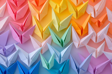 Poster - A close-up of colorful origami paper cranes arranged in a creative pattern, symbolizing art and peace,