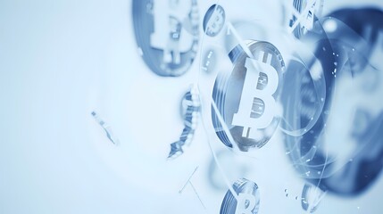 Poster - Cryptocurrency bitcoin symbol floating in blue digital space with blockchain network connections and abstract technology elements. Modern finance concept.