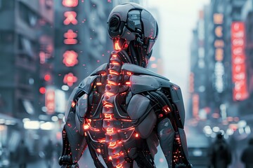 Poster - Futuristic android with glowing red energy core stands in neon-lit cyberpunk cityscape, illuminated internal systems visible through transparent panels.