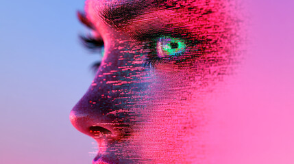 Poster - a vibrant dreamscape portrait of a womanâ€™s visage in pinks and reds, her eyes merged with flickeri