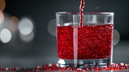 Poster - Red liquid pouring into glass with bubbles and splashes against dark background with bokeh lights, refreshing beverage photography for advertising.